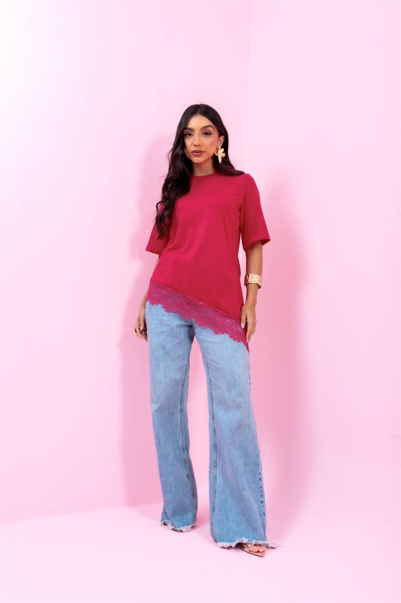 T-Shirt com Renda - Pink