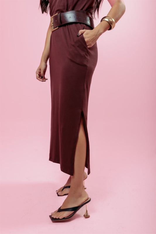 Vestido Longo de manga C/ Bolso - Marrom