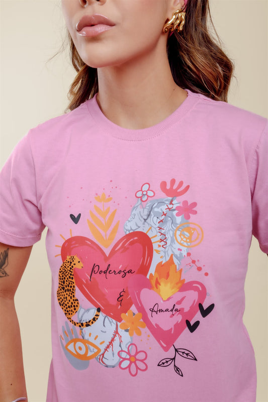 T-Shirt - Poderosa, Amada - Rosa Bebê