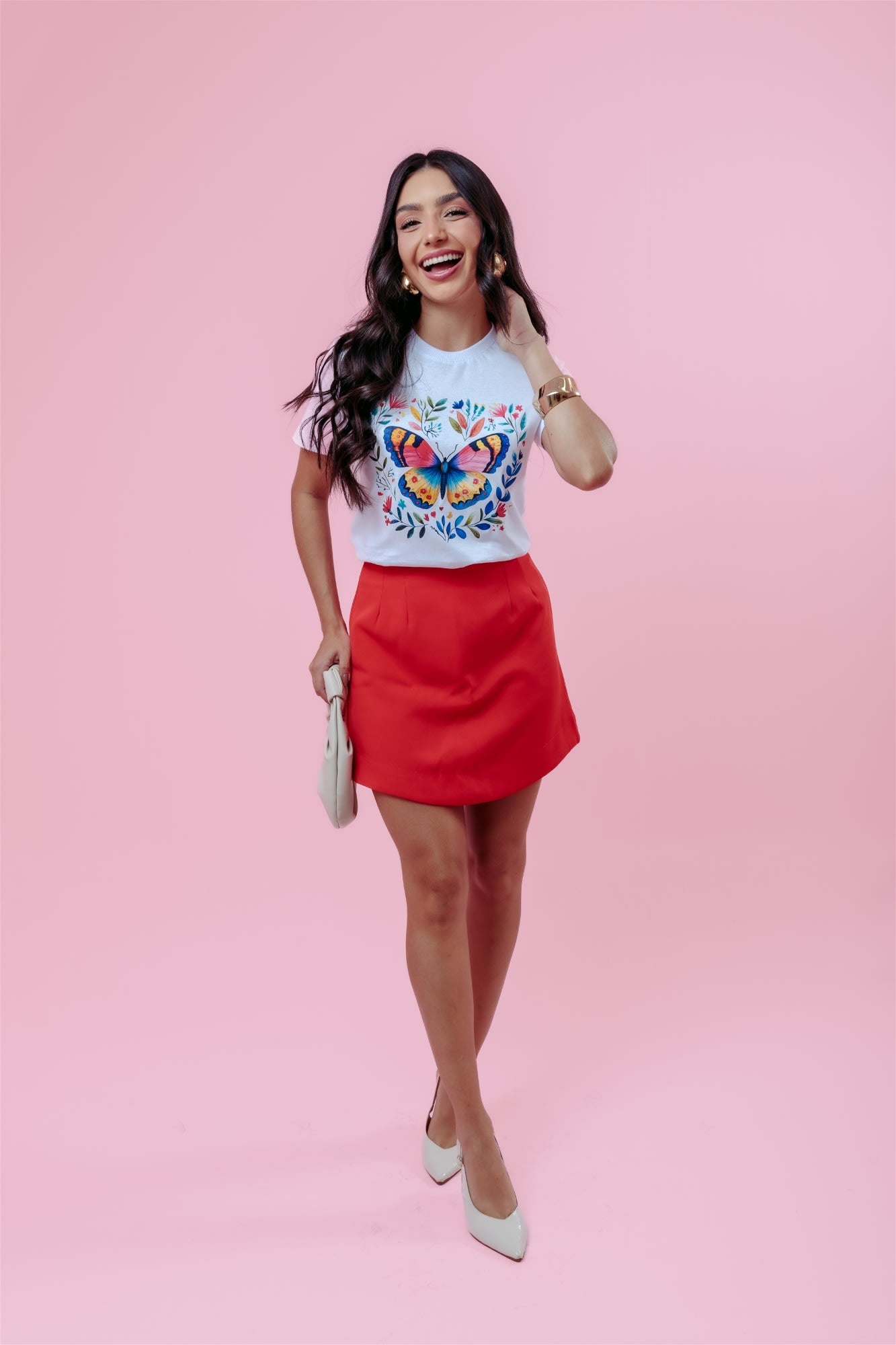 T-Shirt - Borboleta Flores - Branco