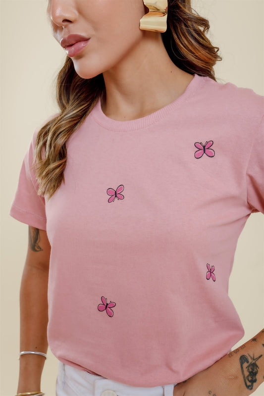 T-Shirt - Borboletas (Estampa total) - Rosa Nude