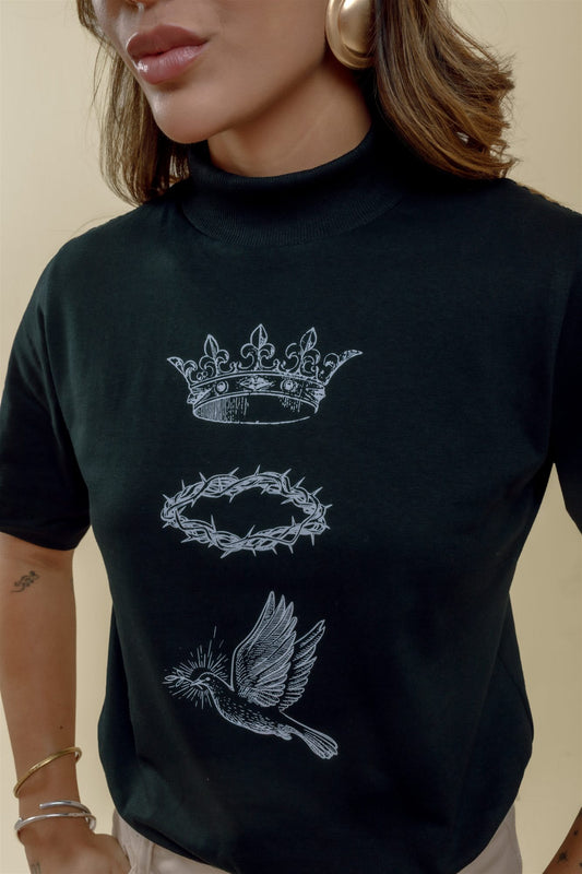Blusa Gola Alta - Símbolos Cristão - Preto