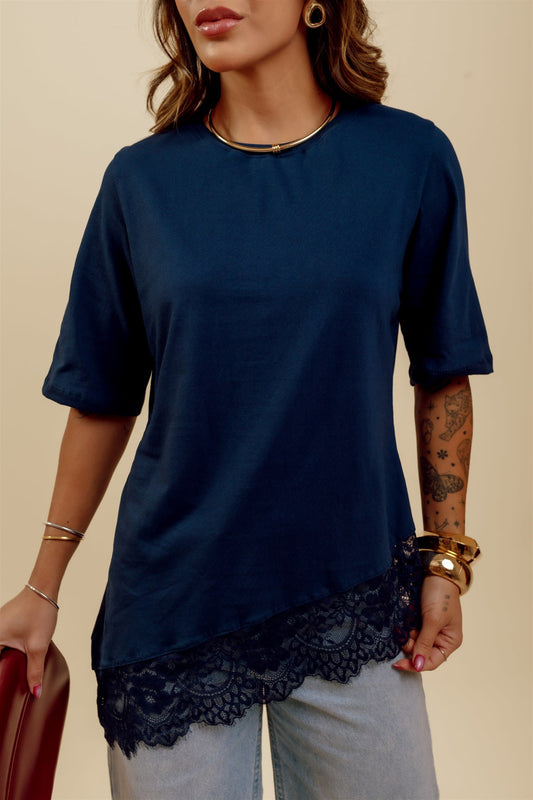 T-Shirt Com renda - Azul Marinho