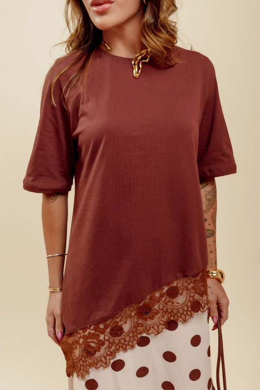 T-Shirt Com renda - Marrom