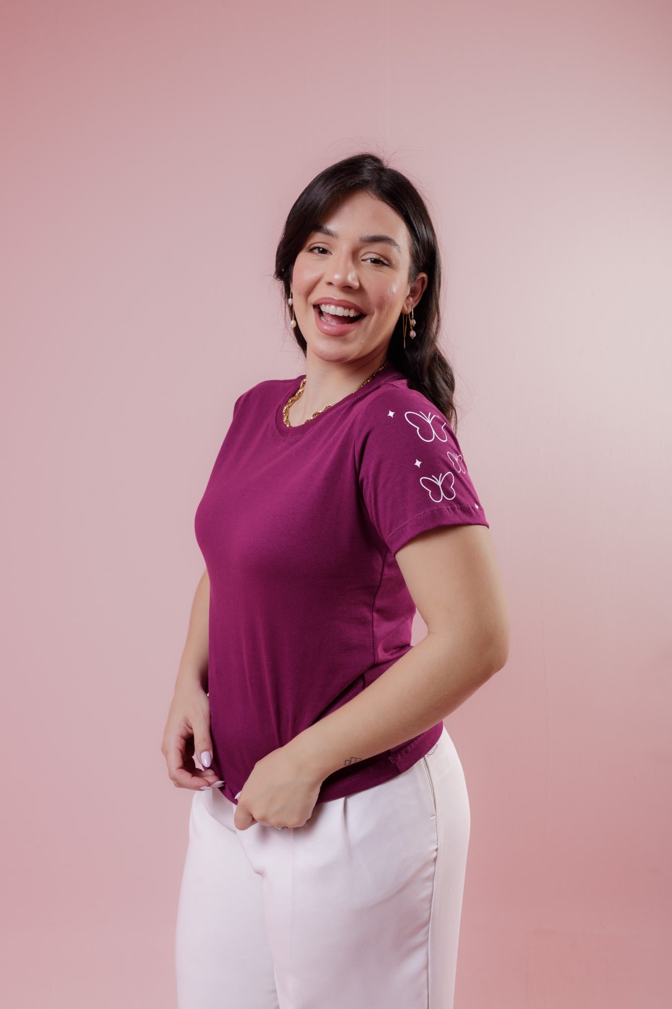 T-Shirt - Borboletas na manga - Roxo Orquídea