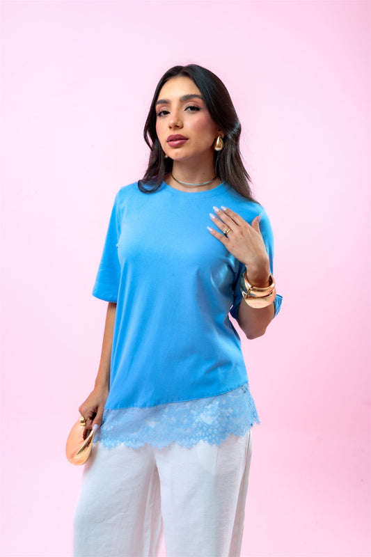 T-Shirt com Renda - Azul Bebê