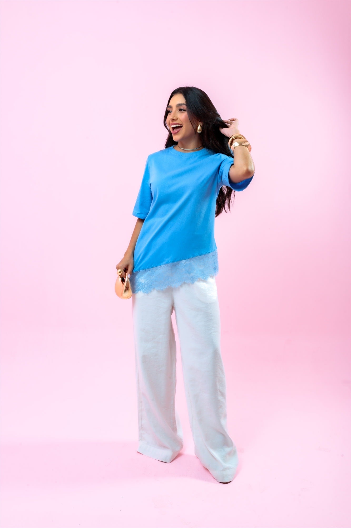 T-Shirt com Renda - Azul Bebê