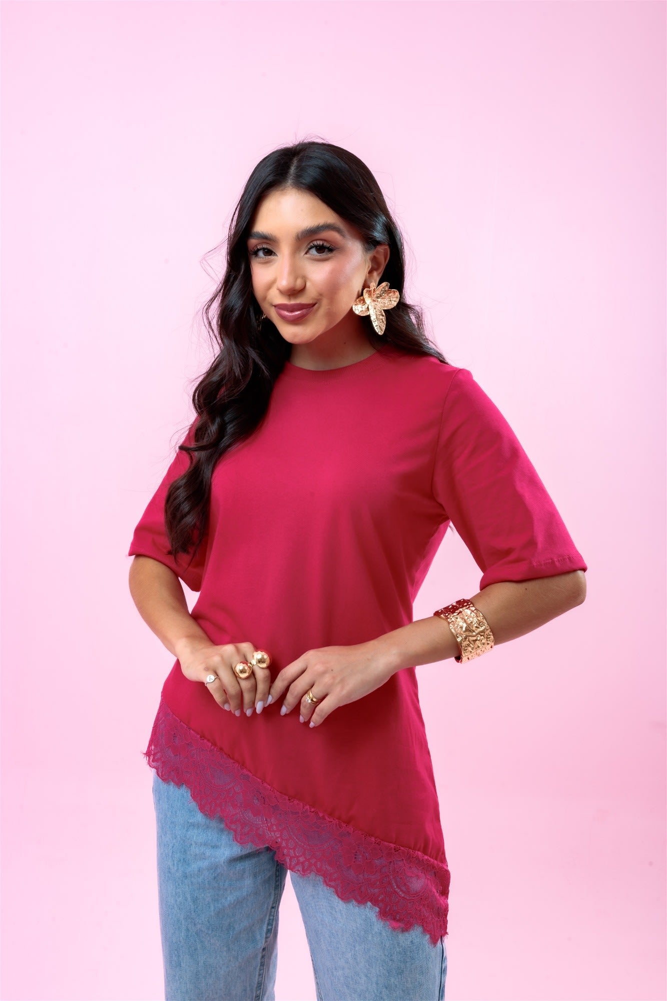T-Shirt com Renda - Pink
