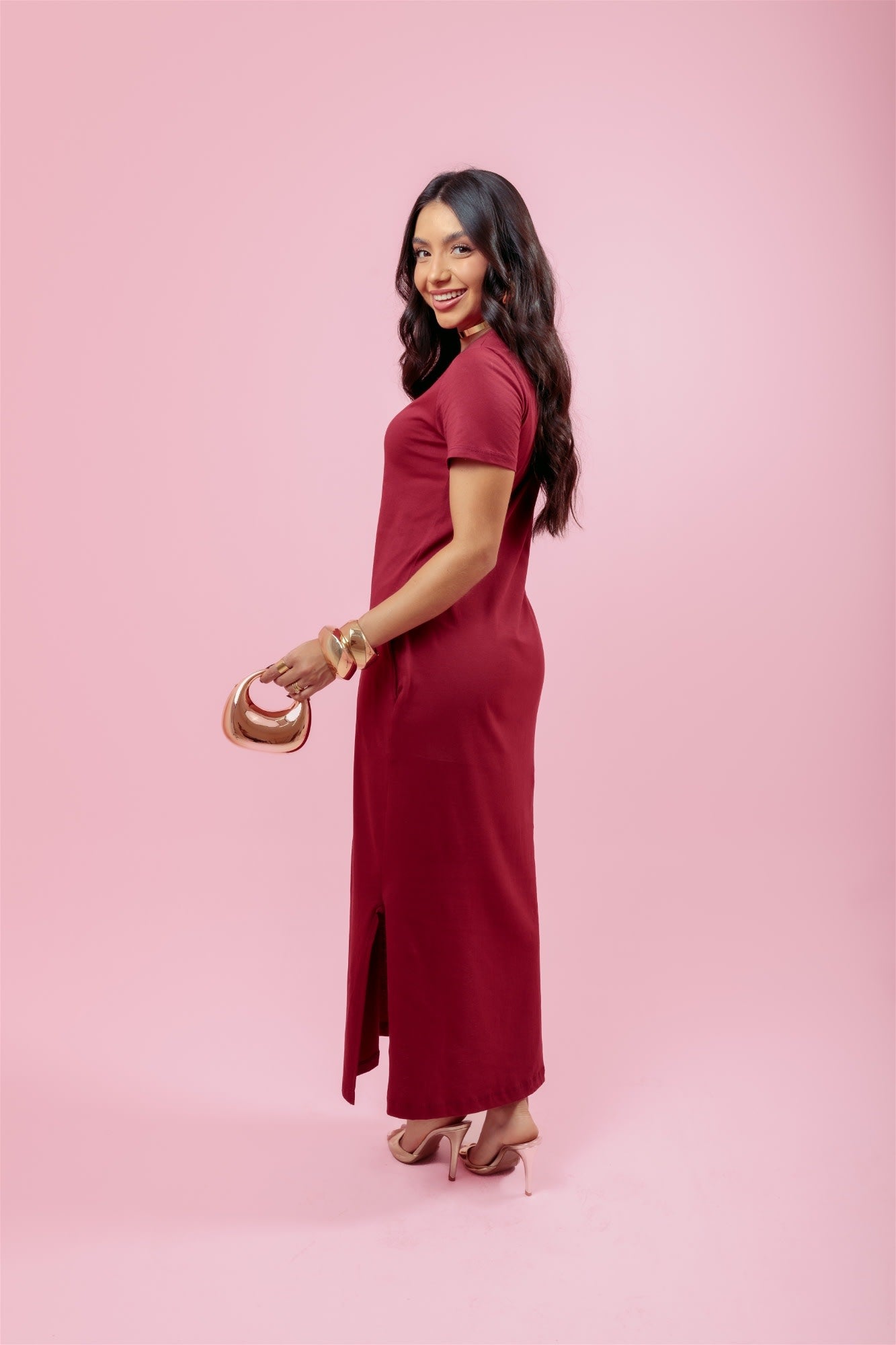 Vestido Longo de manga C/ Bolso - Marsala