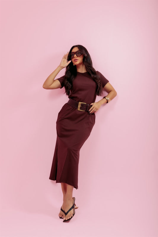 Vestido Longo de manga C/ Bolso - Marrom