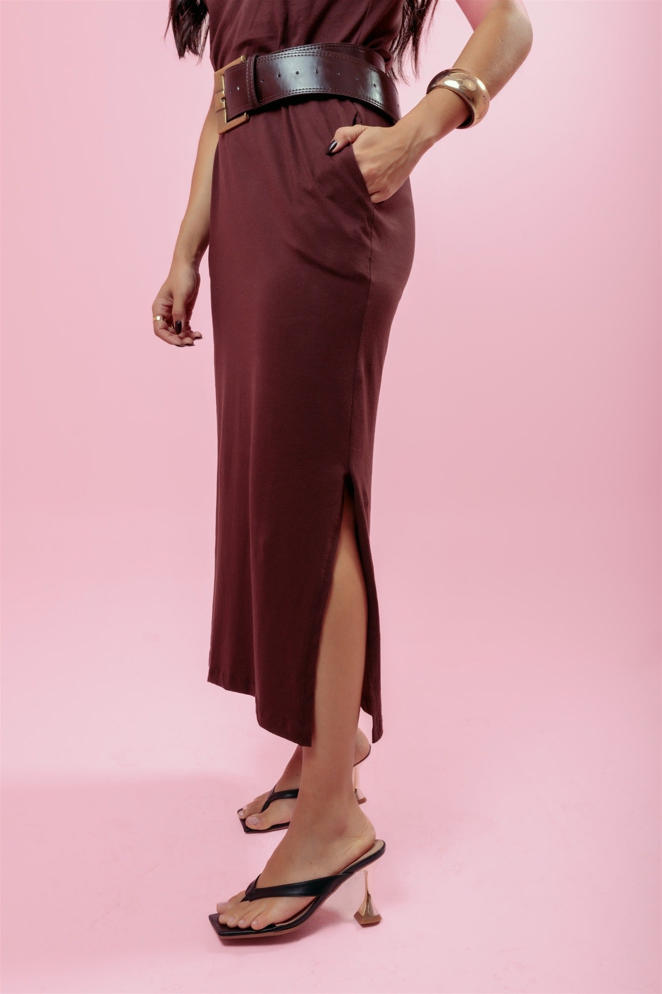 Vestido Longo de manga C/ Bolso - Marrom