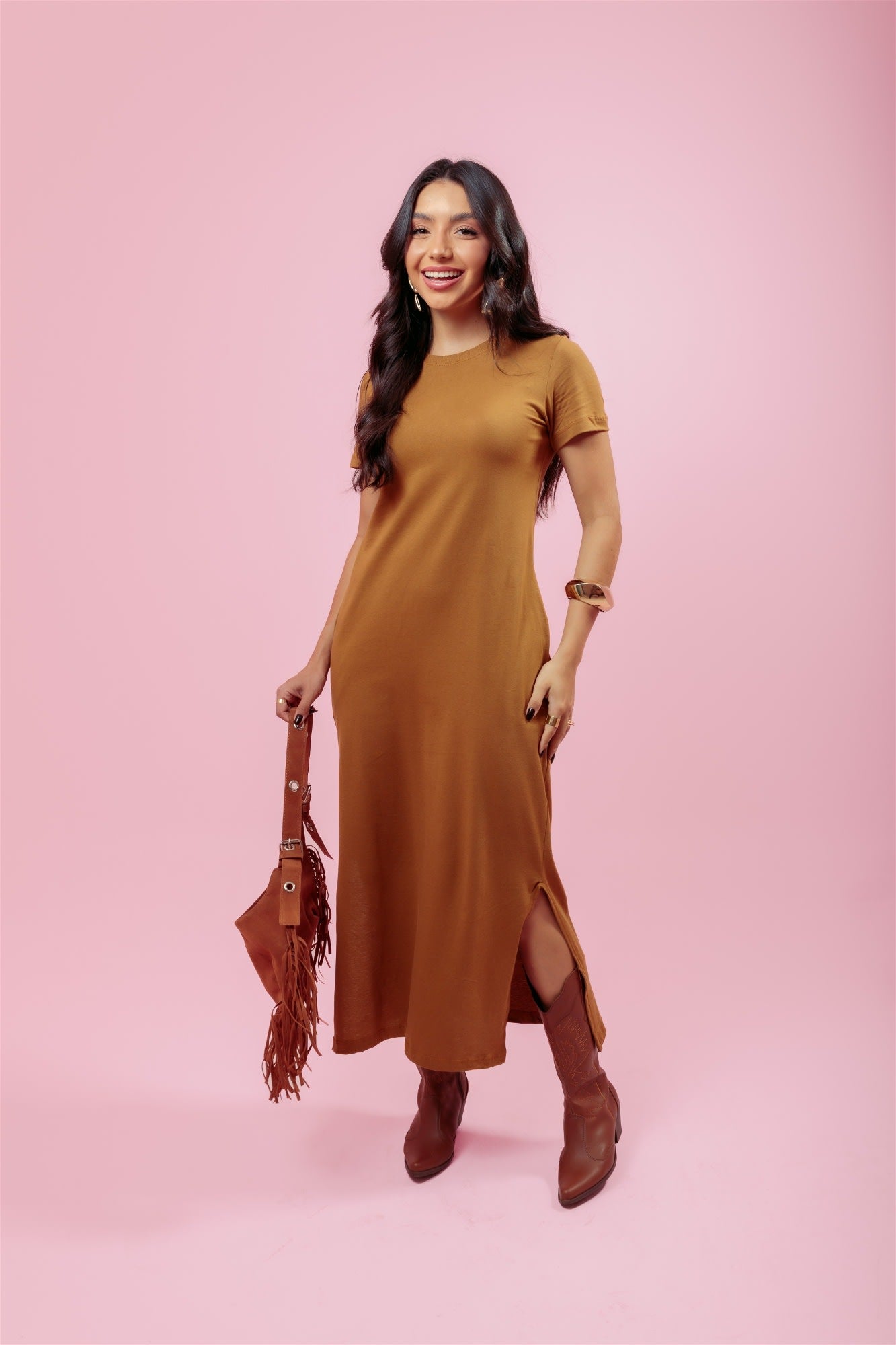 Vestido Longo de manga C/ Bolso - Madeira