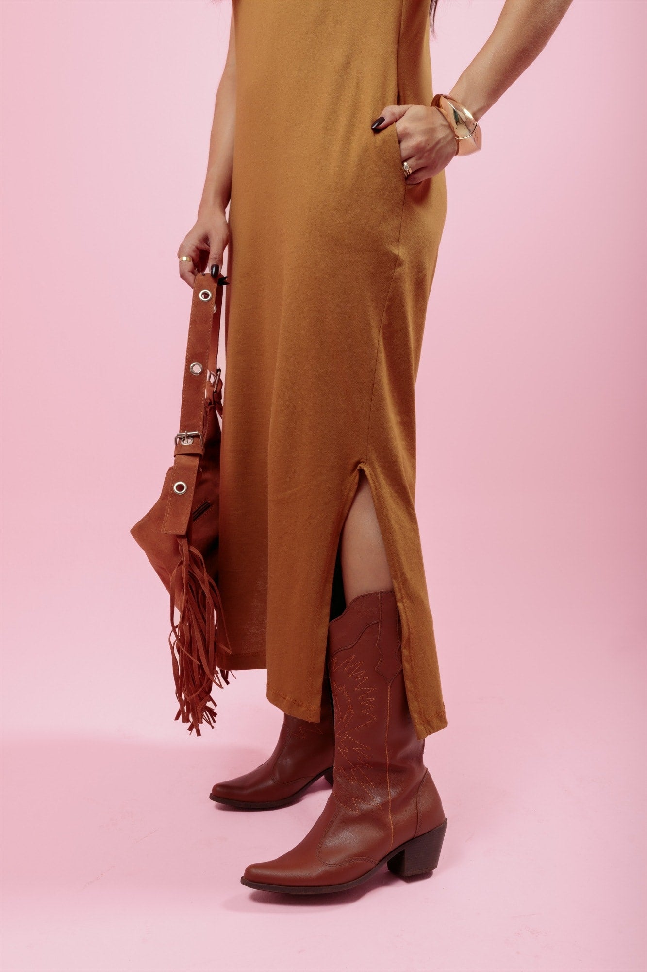 Vestido Longo de manga C/ Bolso - Madeira