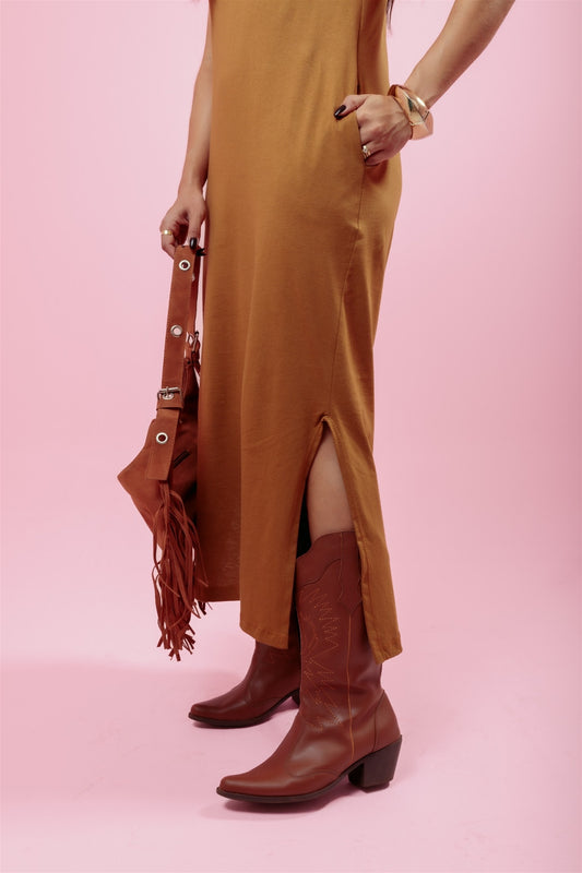 Vestido Longo de manga C/ Bolso - Madeira