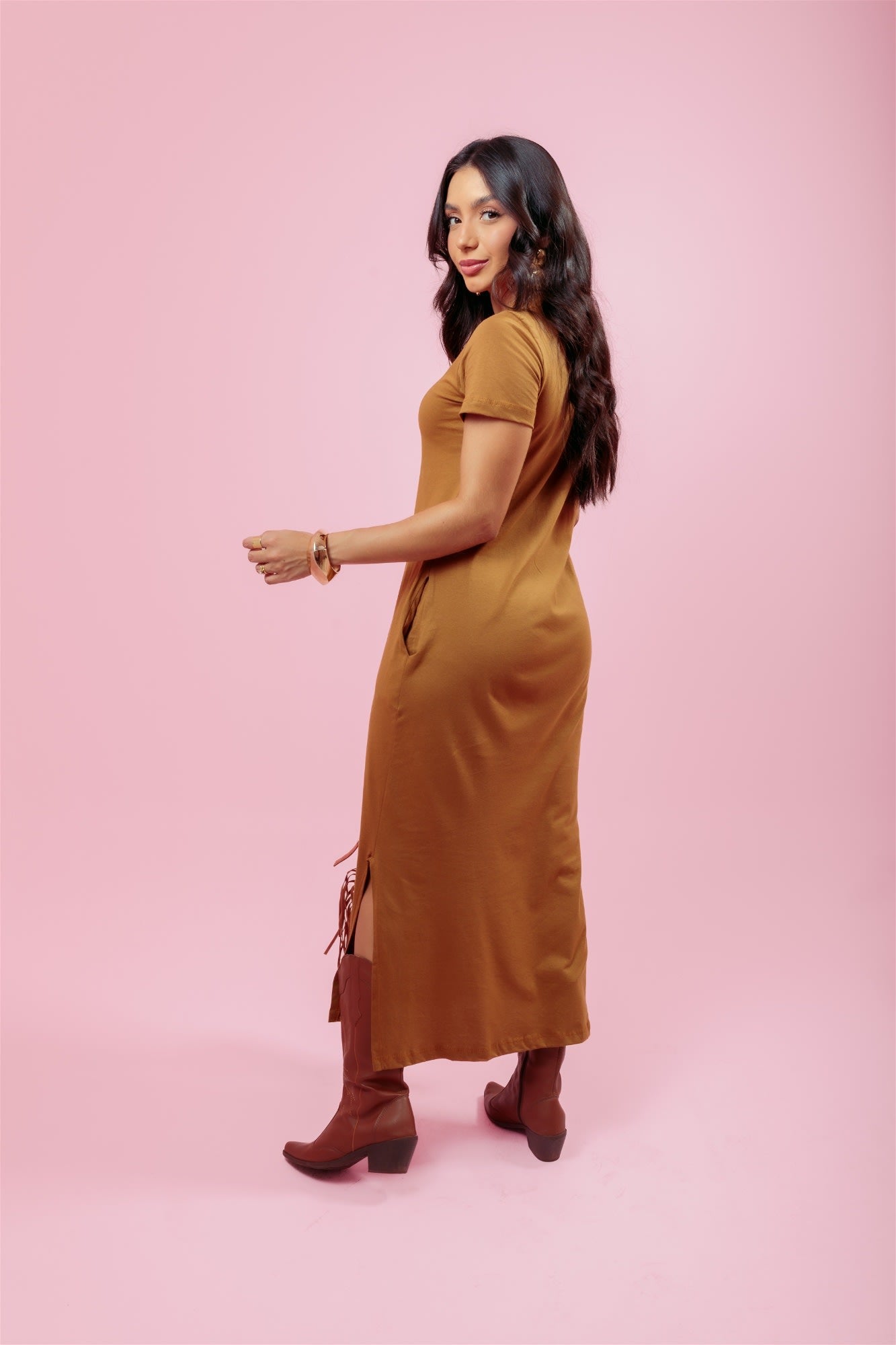 Vestido Longo de manga C/ Bolso - Madeira