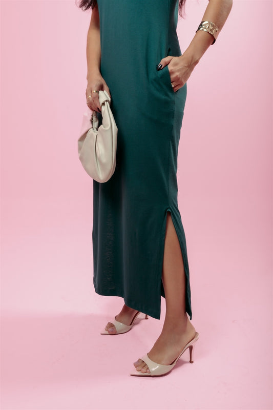 Vestido Longo de manga C/ Bolso - Verde Militar