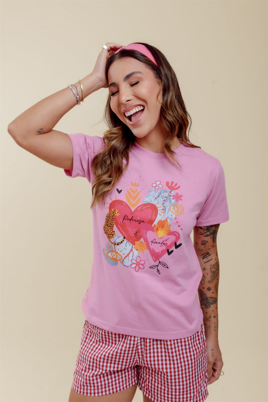 T-Shirt - Poderosa, Amada - Rosa Bebê