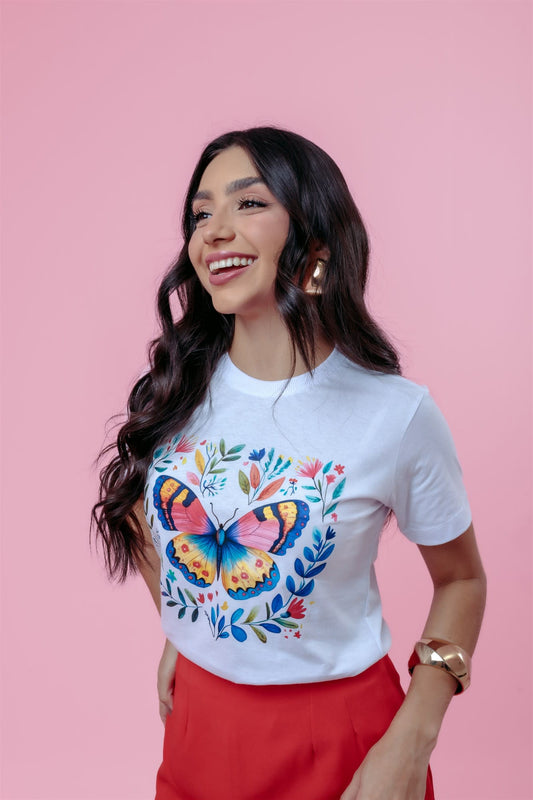T-Shirt - Borboleta Flores - Branco