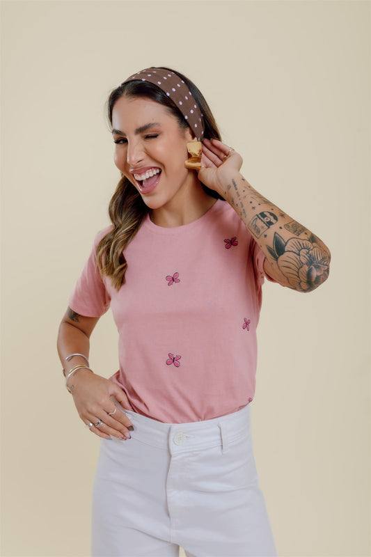 T-Shirt - Borboletas (Estampa total) - Rosa Nude