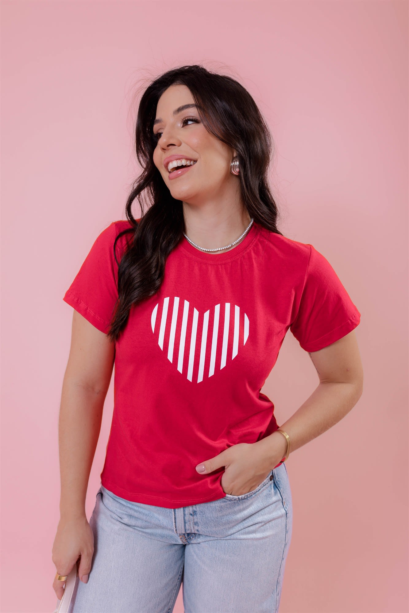 T-Shirt - Corações Listrado - Vermelho
