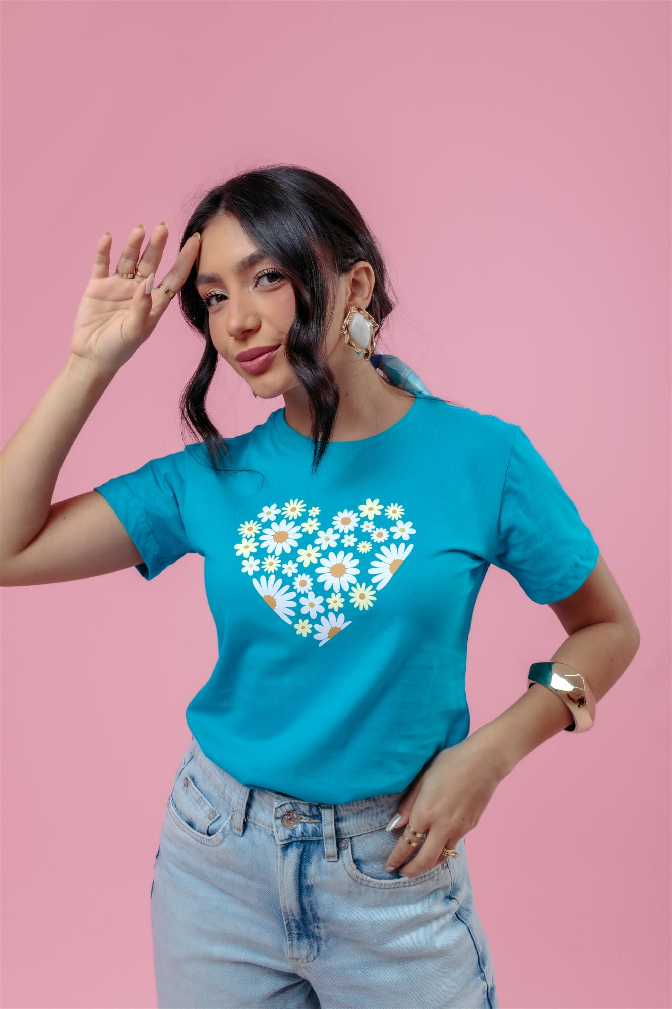 T-Shirt - Margaridas Coração - Azul Turguesa