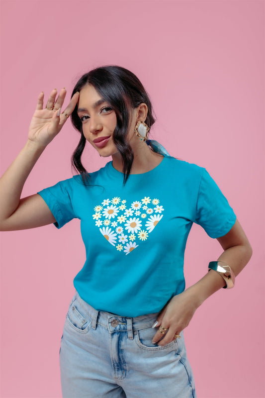 T-Shirt - Margaridas Coração - Azul Turguesa
