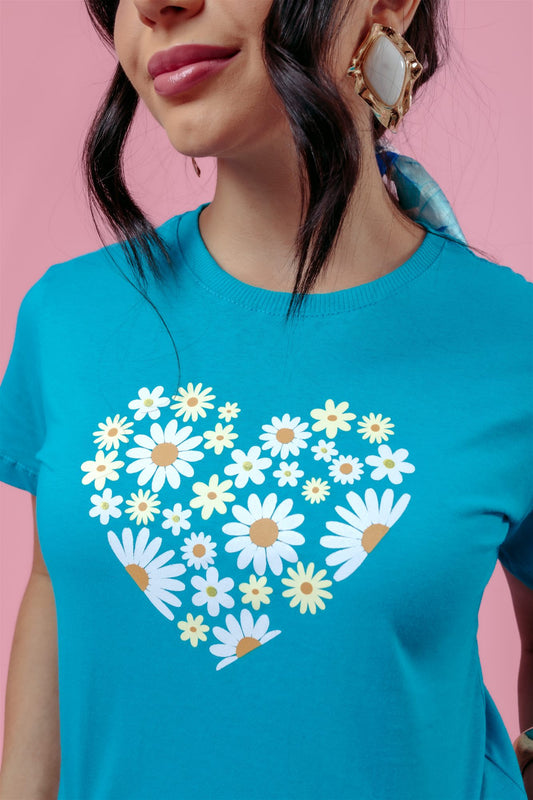 T-Shirt - Margaridas Coração - Azul Turguesa