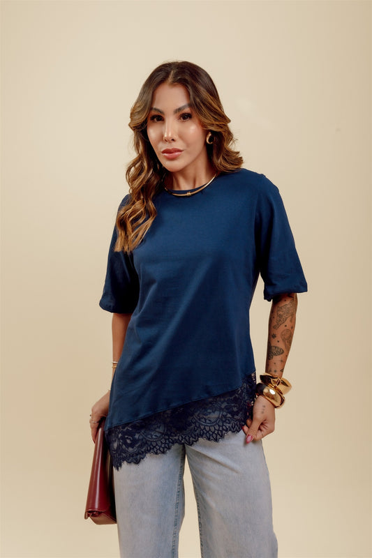 T-Shirt Com renda - Azul Marinho