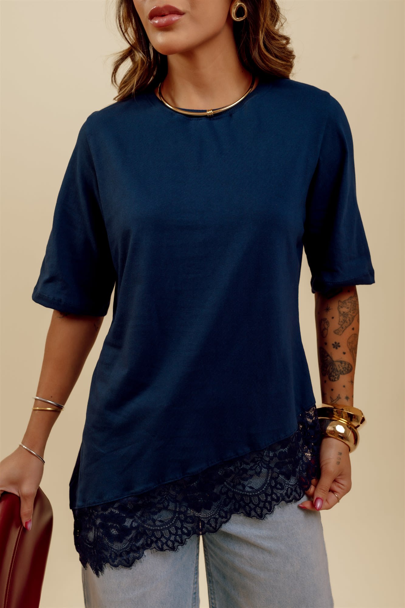 T-Shirt Com renda - Azul Marinho