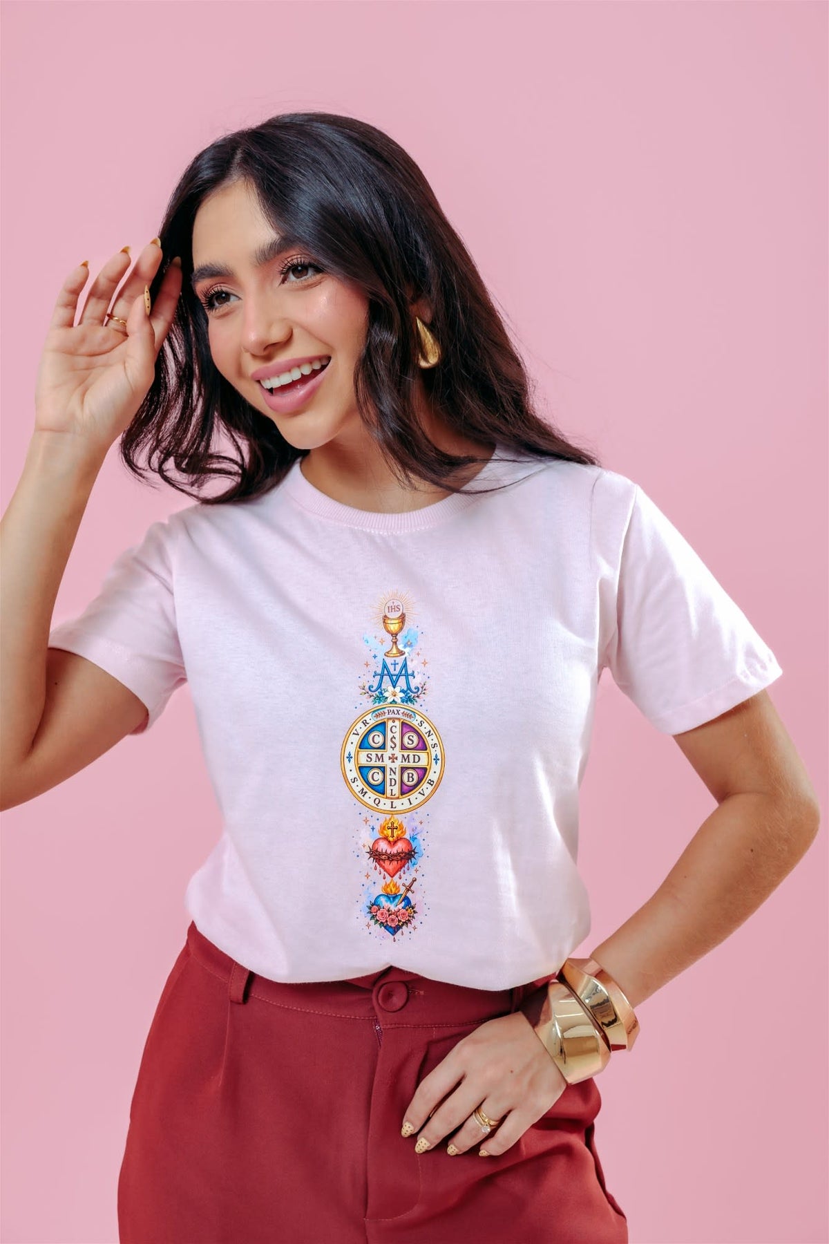 T-Shirt - Devocional Cátolico - Rosa Bebê