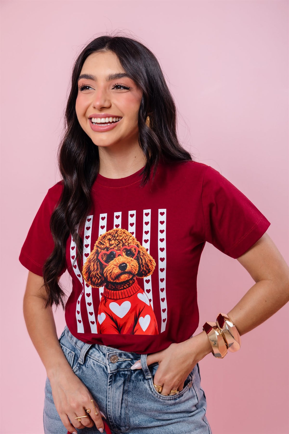 T-Shirt - Poodle Óculos de Coração - Marsala