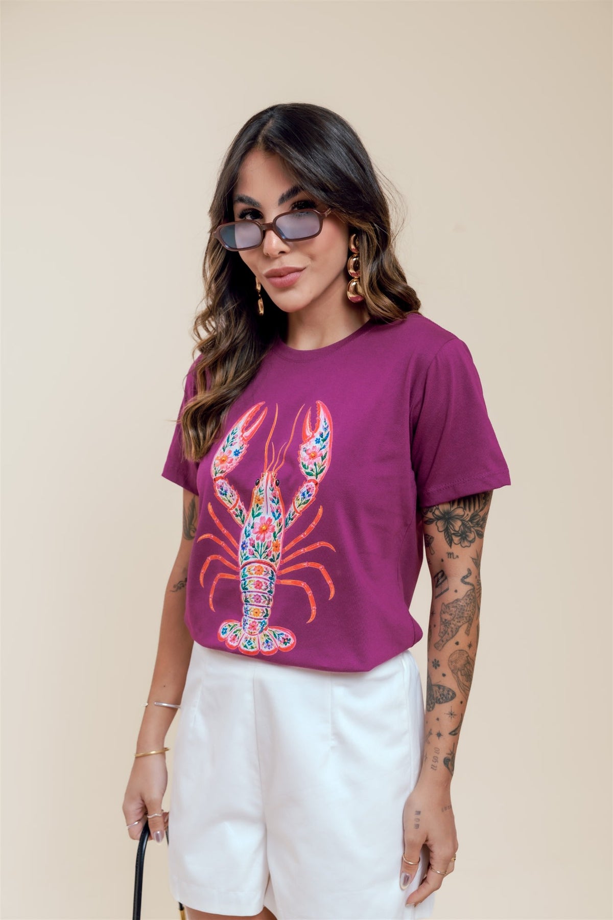 T-Shirt - Lagosta Aquarela Floral - Roxo