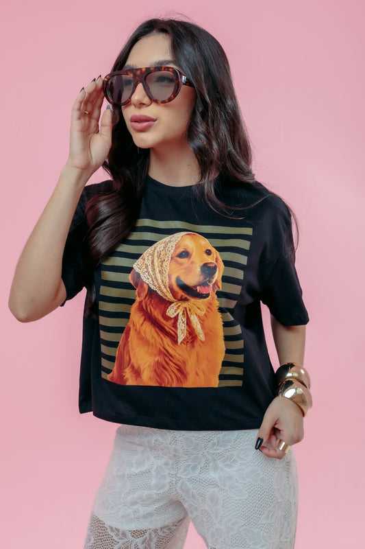 Cropped Oversized - Cachorro Listra - Preto